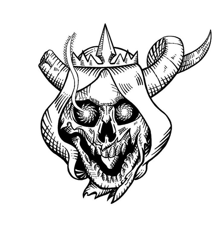 a black and white drawing of a demon skull with horns on it's head