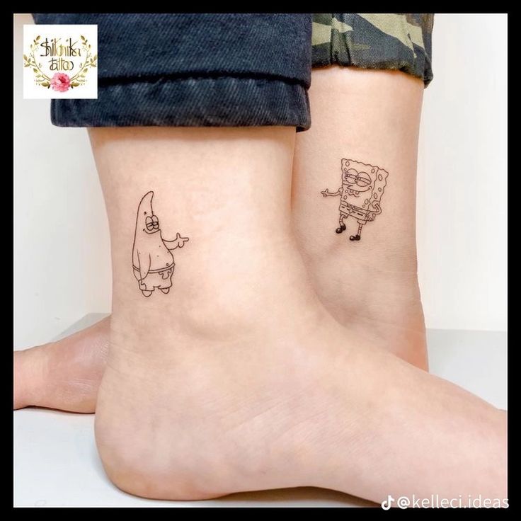 two people with matching tattoos on their legs, one has a shark and the other has a cat