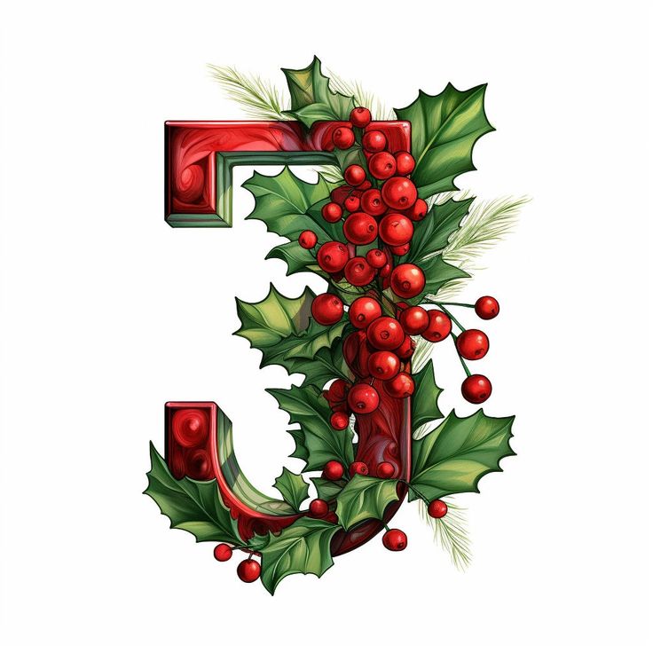 the letter e is decorated with holly and red berries