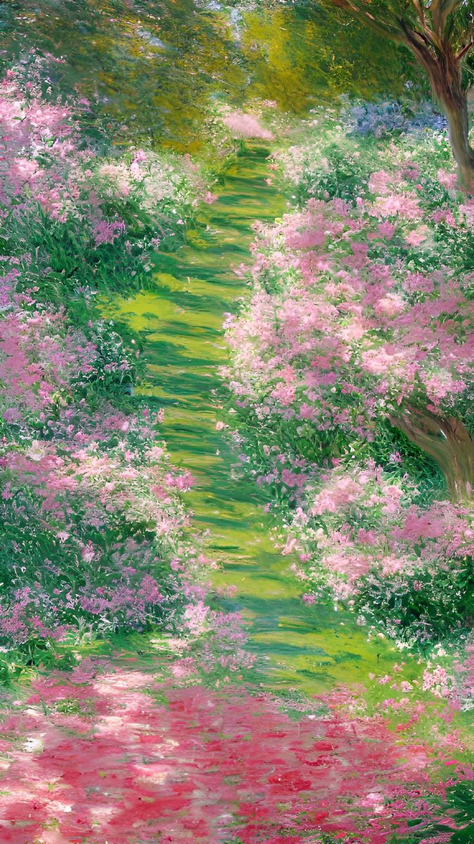 an oil painting of trees and flowers in the park with green grass, pinks and white