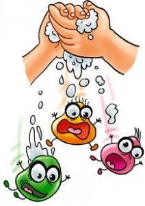 an image of three cartoon characters washing their hands with soap or sanitizing them