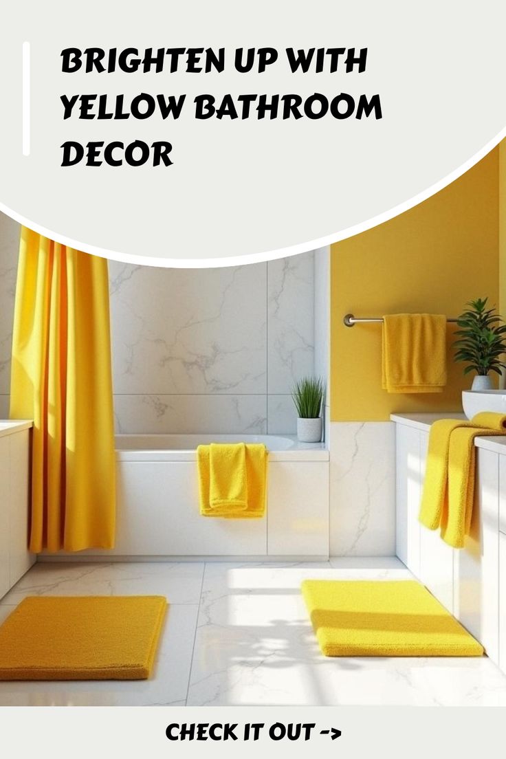 Brighten Up with Yellow Bathroom Decor Golden Wall Art, Mustard Accents, Lemon Bath, Yellow Bathroom Decor, Elegant Shower Curtains, Trendy Mirrors, Yellow Words, Sunny Vibes, Yellow Bathroom