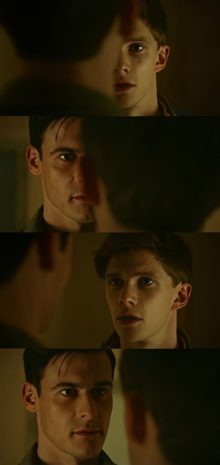 two different shots of a man in black shirt looking at another man with his eyes closed