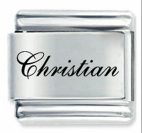 a silver charm with the word chase on it's front and back side, in black lettering