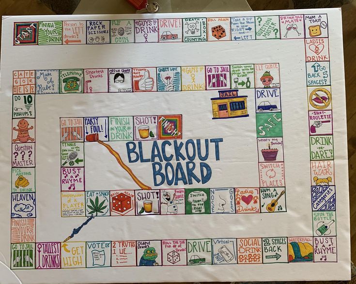 a game board with the words blackout board written on it and various colored images around it