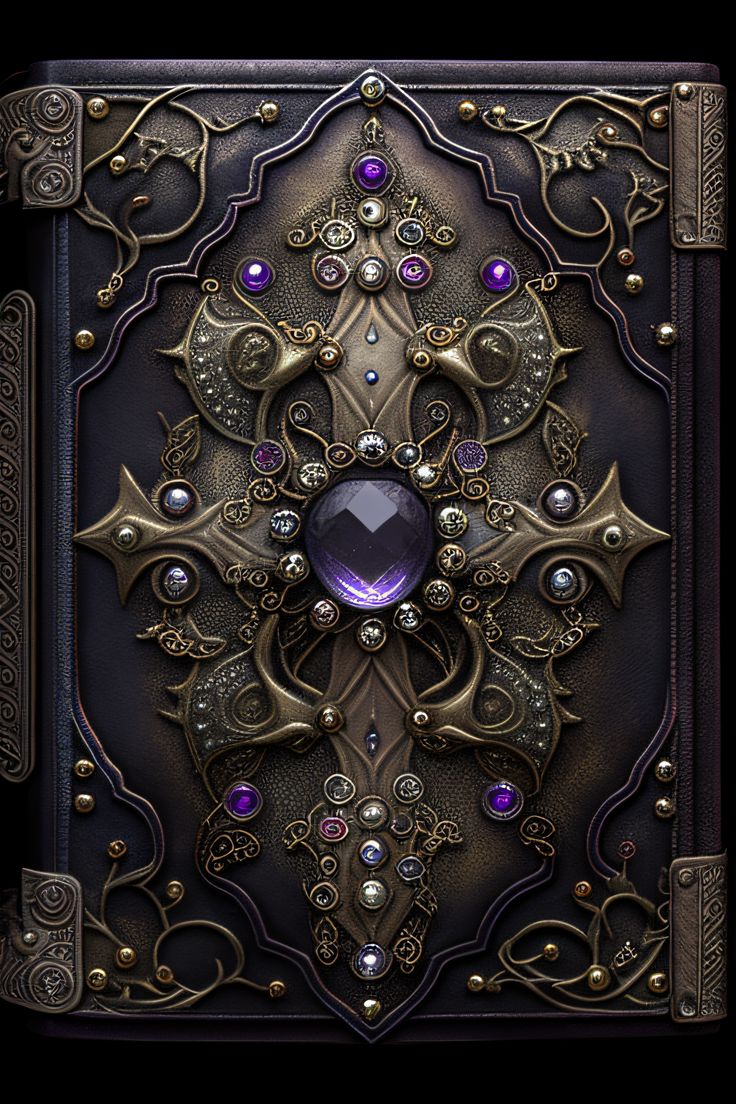 an intricately designed book cover with purple stones and pearls on it's edges