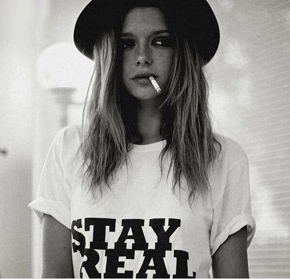 "Stay Real T-shirt Cool Casual Tumblr Grunge Tee AVAILABLE SIZES: S,M,L,XL,2XL,3XL COLOR: WHITE, BLACK, HEATHER GREY CONDITION: BRAND NEW T-SHIRT SPECS : 100% high quality pre-shrunk cotton (165 g/m2) jersey). Taped neck and shoulders, twin needle stitching, seamless collar. PRINT: Highest quality print - not cheap \"iron-on\" transfers! MEASUREMENTS : width - armpit to armpit ; length - the body length is measured in a straight line from the highest point of the shoulder at the join of the coll Grunge Tee, Stay Real, Grunge Style, White Tee, Black Print, Shirt Design, Celebrity Style, Fashion Photography, Adult Outfits