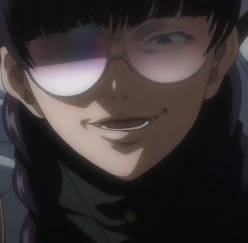 an anime character with glasses on smiling for the camera while looking at the camera man's face