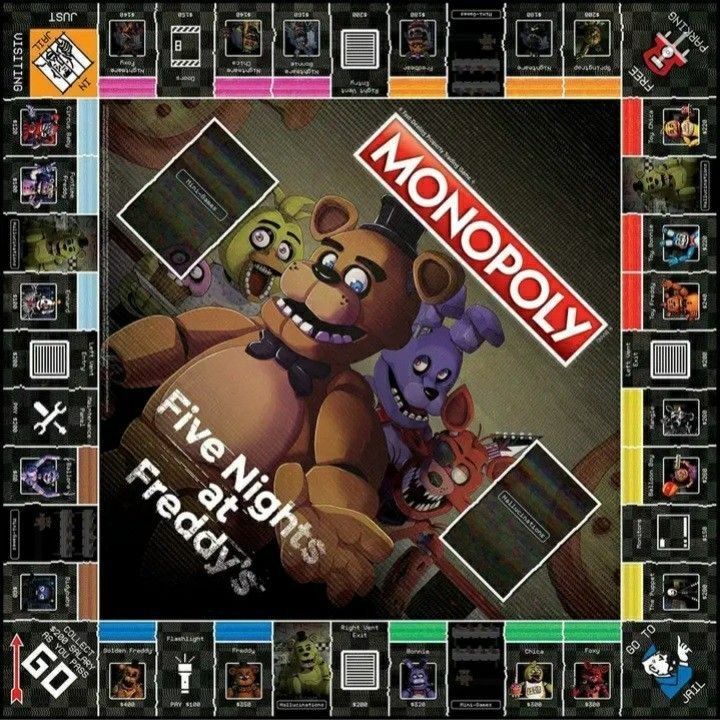 an image of a monopoly board game with five different characters on the front and back