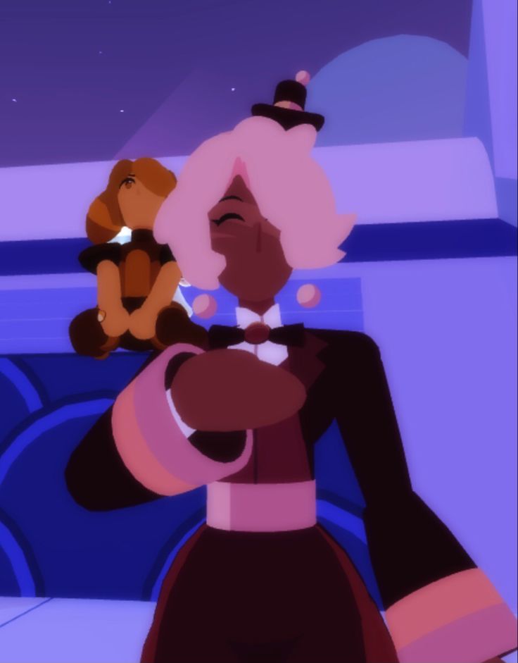 an animated image of a woman holding a teddy bear in front of her and another stuffed animal behind her