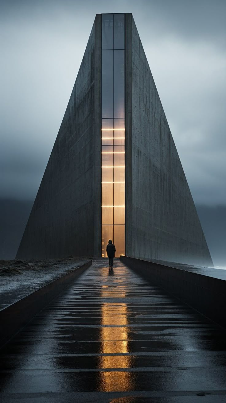 two people are standing in front of a triangular structure with lights shining on the floor