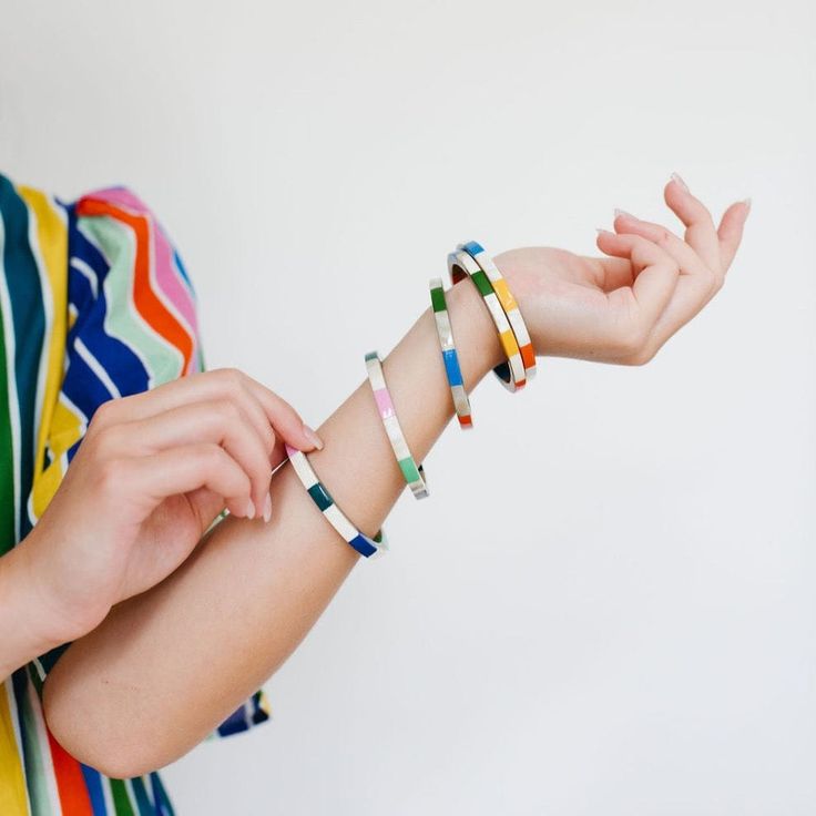 Sunshine Tienda® Watercolor Tile Bangle Set Colourful Tile, Stacked Bangles, Yellow Light, Bangle Set, Green Dark, Natural Material, Accessories Branding, Natural Materials, Pink Red