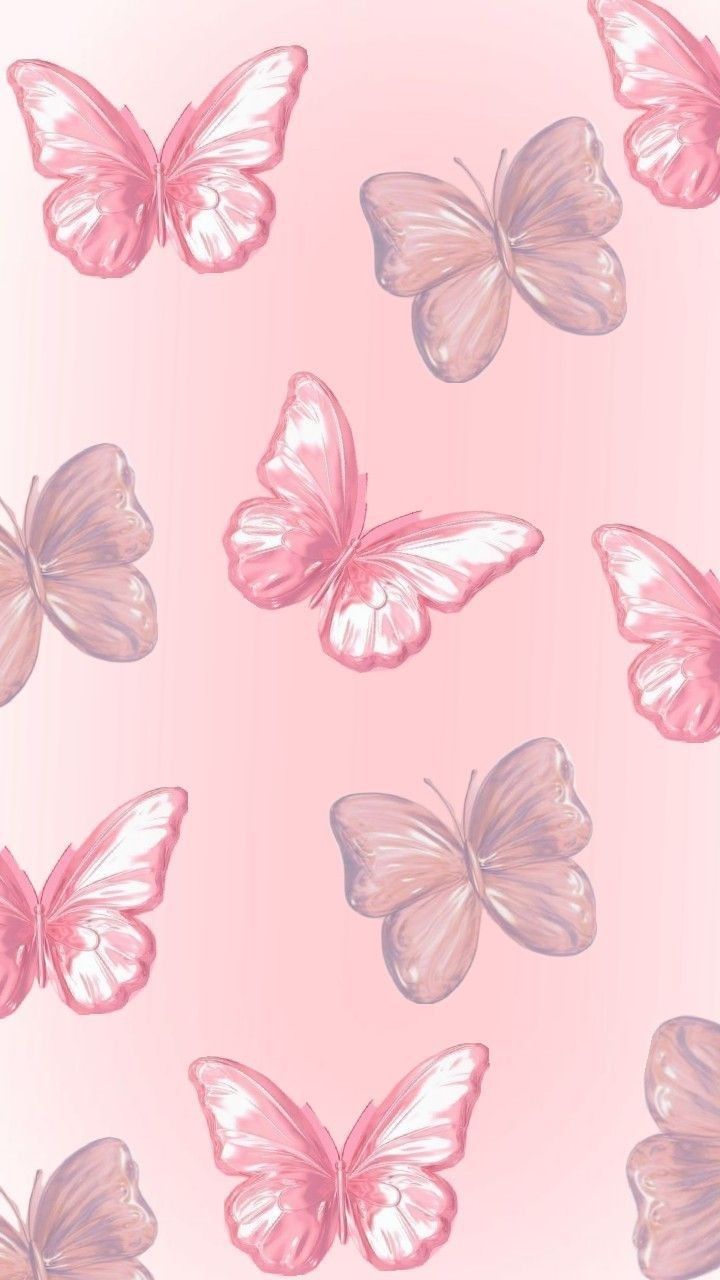 pink and white butterflies flying in the air on a light pink background, with small clouds