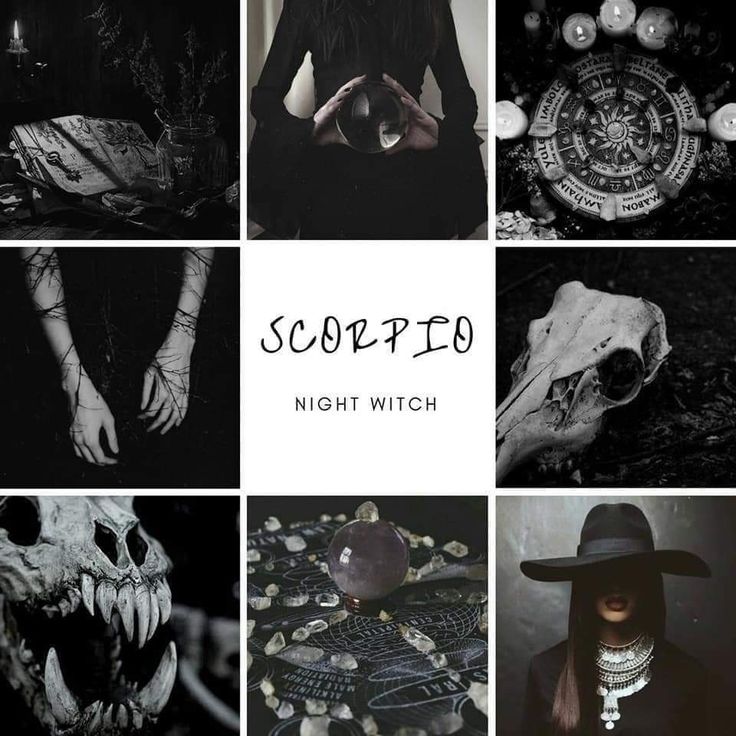 a collage of black and white images with the words scorpeto night witch