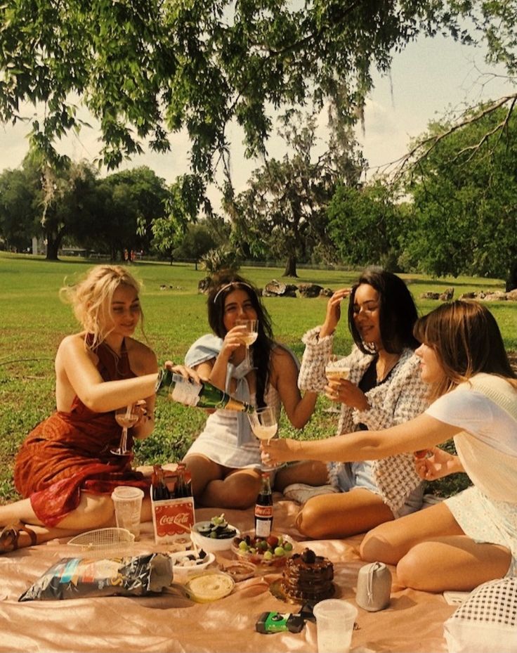 four women are sitting on the grass drinking wine and having a good time with each other