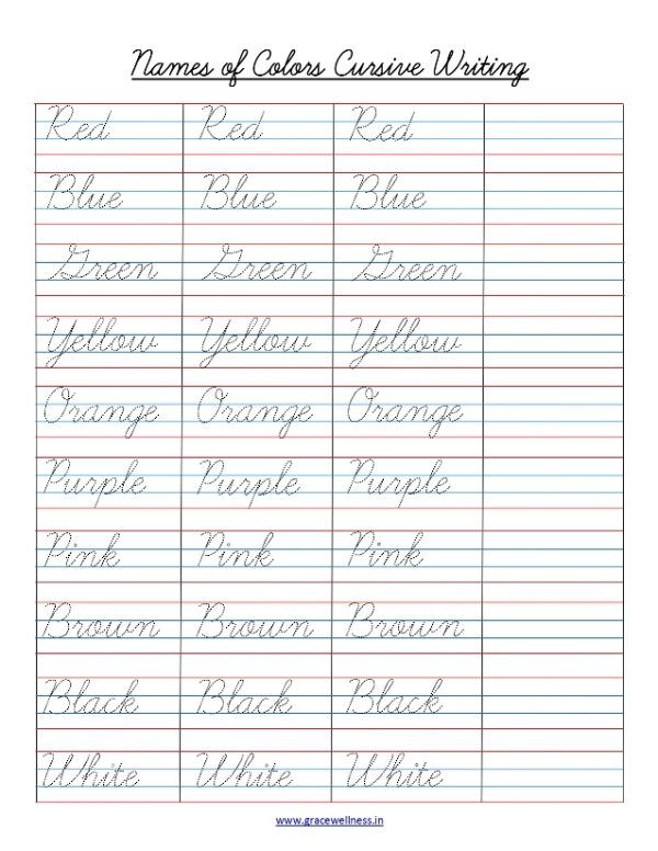 colors name in cursive, cursive writing worksheet, free printable pdf Cursive Tracing Free Printable, Name Of Colors, Cursive Writing Fonts, Cursive Writing For Kids, Free Cursive Worksheets, Cursive Handwriting Sheets, Cursive Handwriting Practice Worksheets, Colors Worksheet, Cursive Practice Sheets