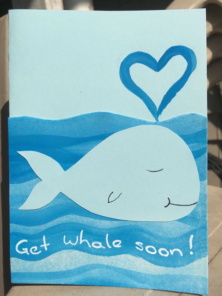 a card that says get whale soon with a heart on it's back and a drawing of a whale in the water