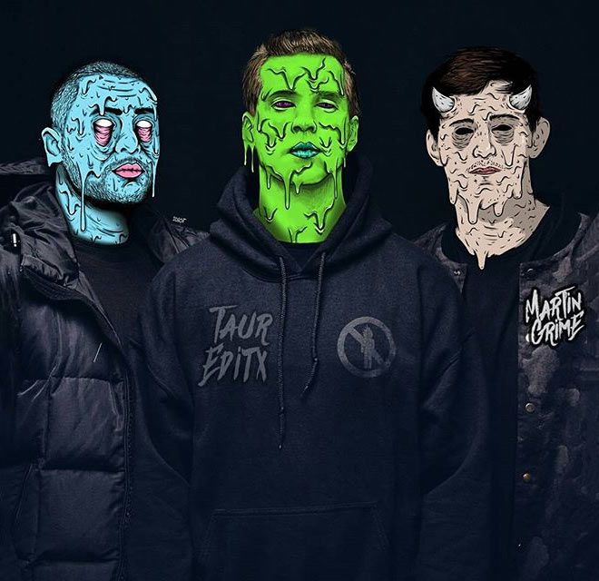 three men with green and blue painted faces are standing in front of a black background