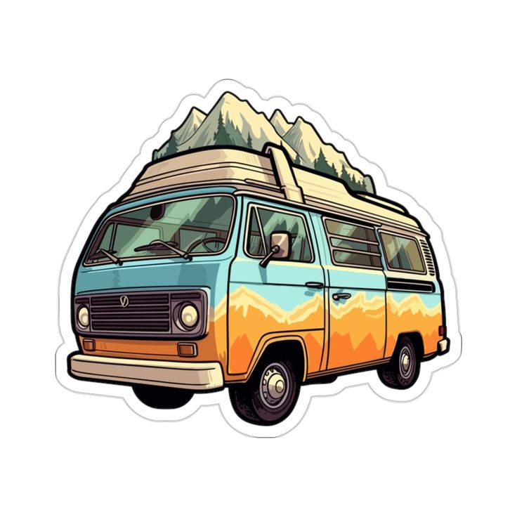 an image of a van with mountains in the background sticker on a white background