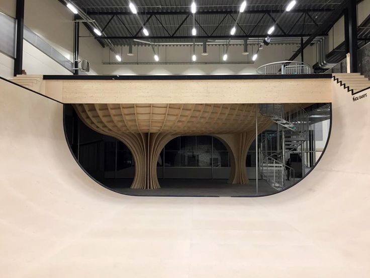 an indoor skate park with ramps and railings