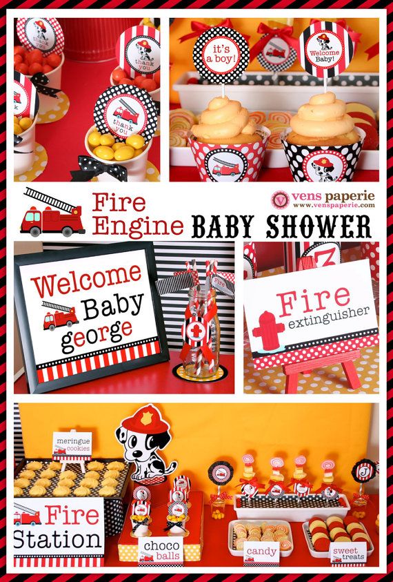 a fire engine baby shower party with cupcakes and desserts on the table