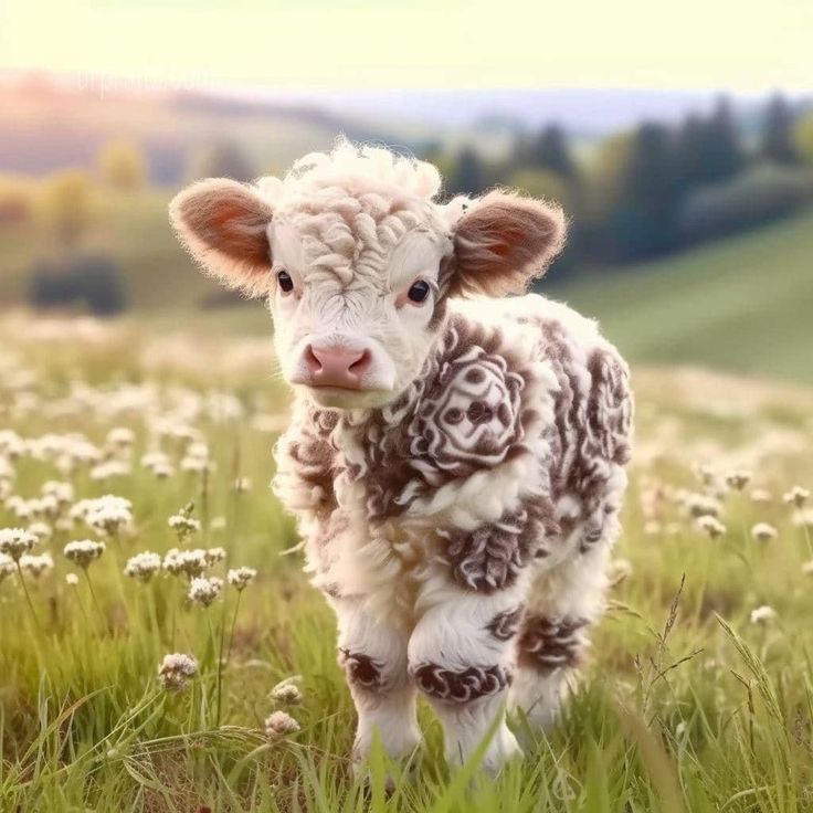 a baby cow standing in the middle of a grassy field with flowers on it's side