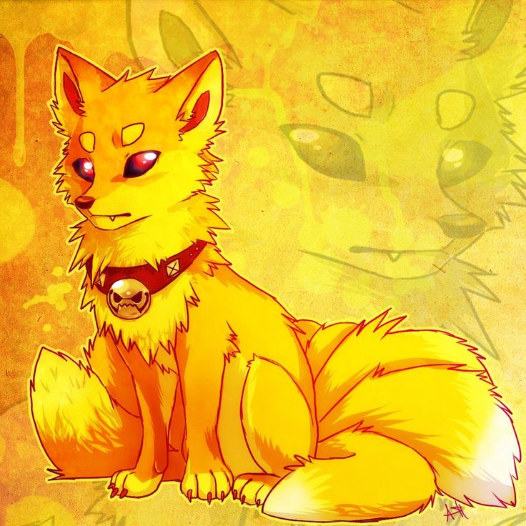 a drawing of a yellow fox sitting on top of a floor next to a wall