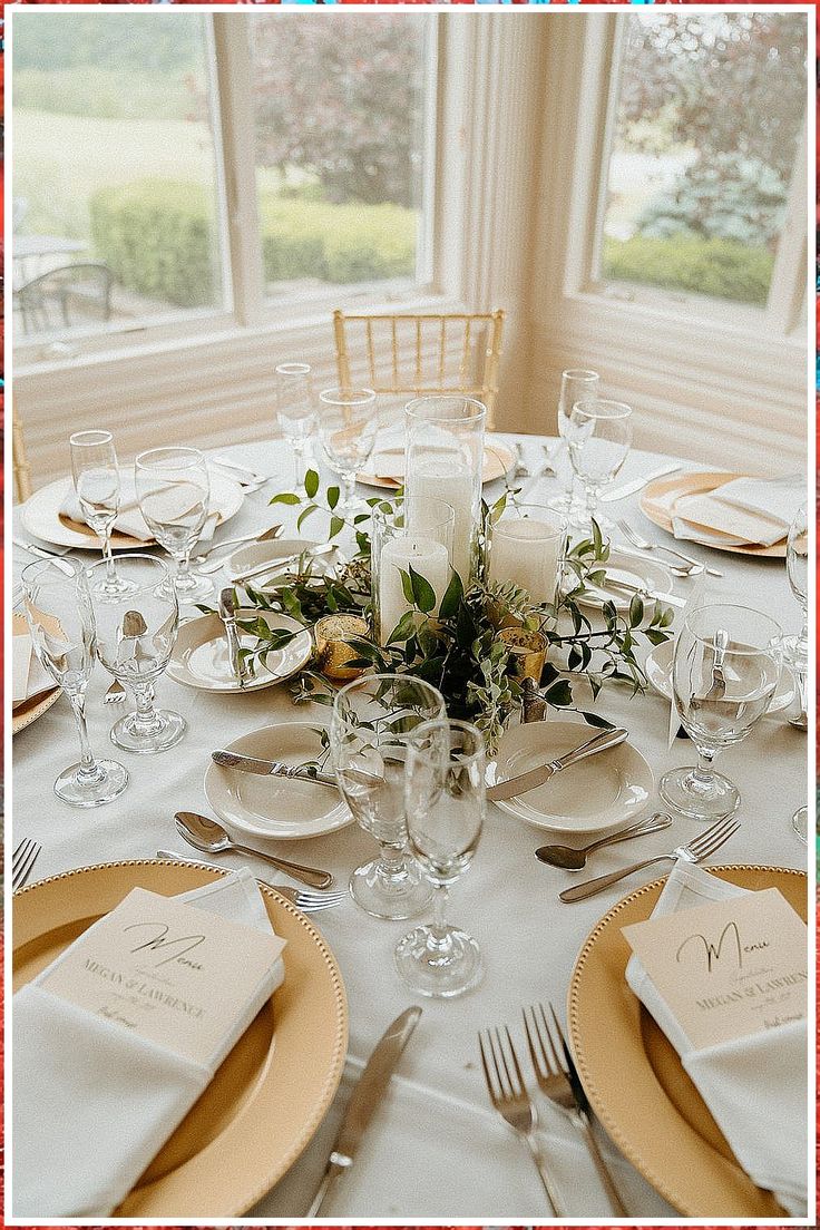 Winter Wedding Table Decorations - We'll save you hours of searching. Just click to visit and get what you need IMMEDIATELY! White And Greenery Reception Decor, Round Table Wedding Greenery, Greenery Centrepieces Round Table, Round Garland Centerpiece Wedding, Greenery And Gold Wedding Decor, Round Wedding Table With Greenery, Modern Greenery Wedding Decor, Greenery At Wedding Reception, Simple Chic Wedding Centerpieces