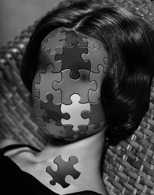 a woman with a piece of puzzle on her face in front of a wicker basket