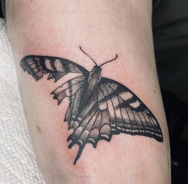 a black and white butterfly tattoo on the right arm, it looks like he is sitting down