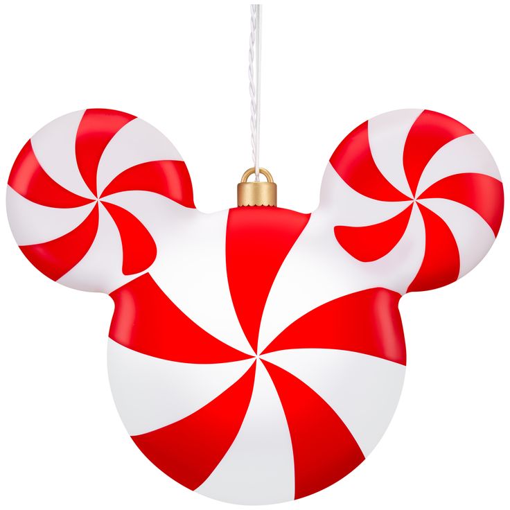 a mickey mouse ornament with candy canes hanging from it's side