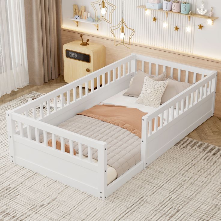 a white wooden bed frame with pillows and blankets on it in a room decorated with christmas lights