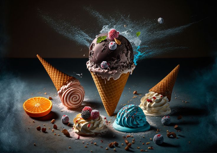 three ice cream cones with chocolate, orange and blue icing on them are sprinkled with powdered sugar