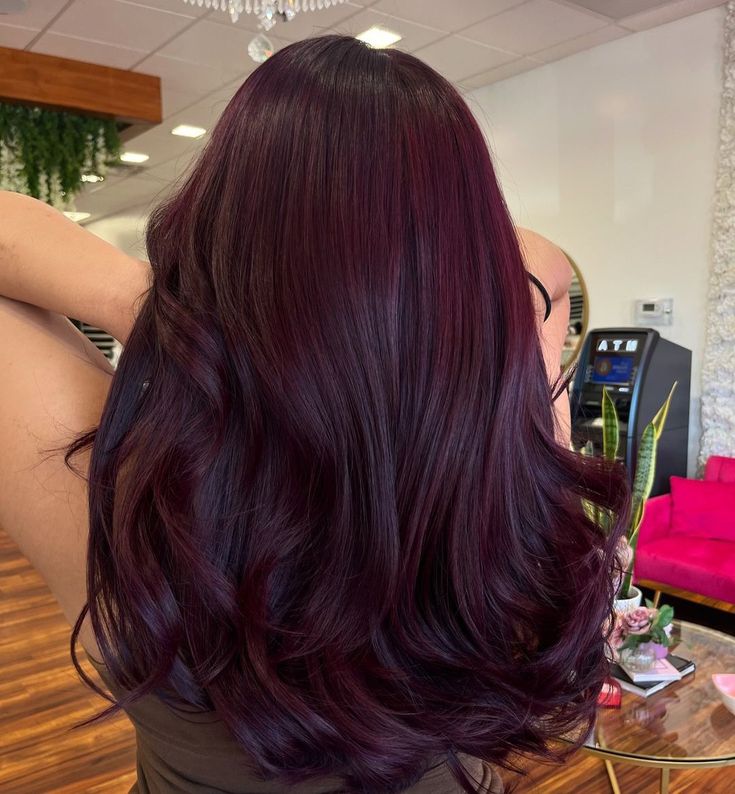 Burgundy And Violet Hair, Dark Purple Red Hair Burgundy, Hear Color Style 2024, Violet Dark Hair, Cherry Red Cola Hair, Unique Winter Hair Colors, Rose Violet Hair, Purple Cherry Hair, Cherry Plum Hair Color