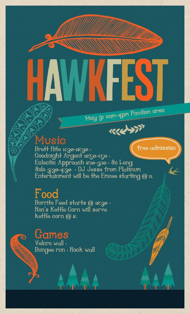 a poster with the words hawkfest written on it and an image of a feather