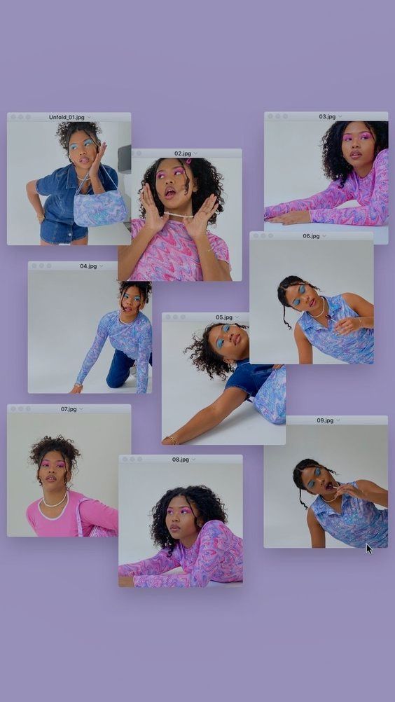 multiple photos of women in different poses on a purple background with the same image as above them