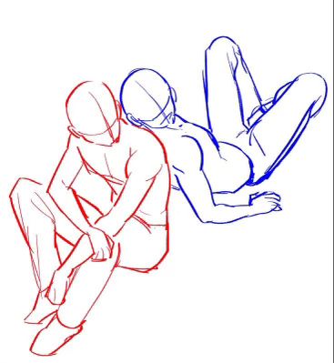 a drawing of two people sitting on the ground with their legs crossed and one person standing behind them