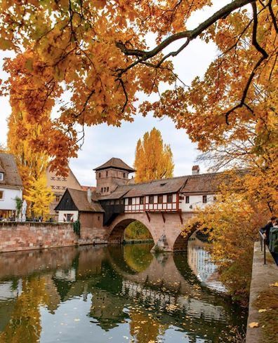 a bridge over a river next to buildings and trees with autumn leaves on the ground