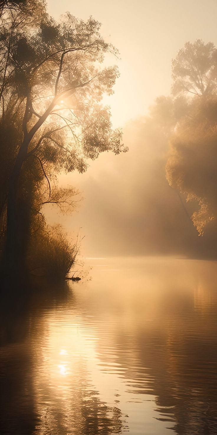 the sun shines through the foggy trees on the water's edge as it reflects in the still water