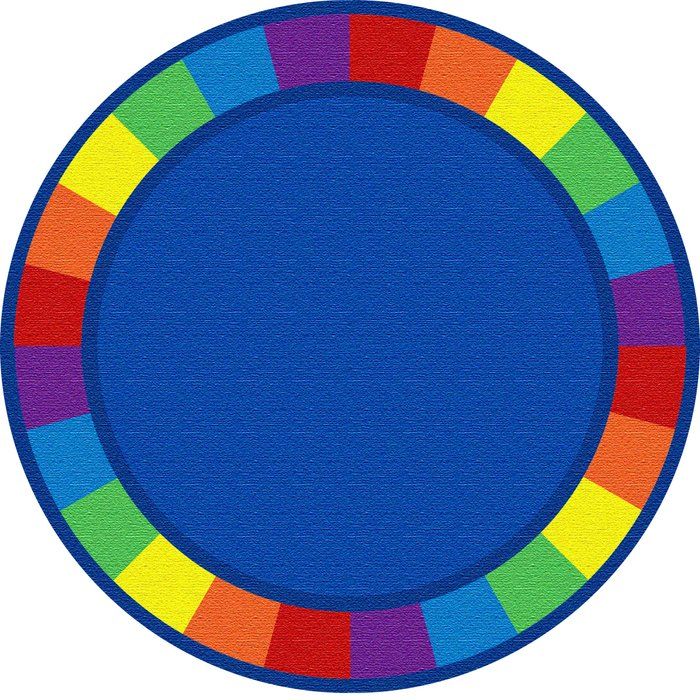 a blue plate with multi colored stripes on it