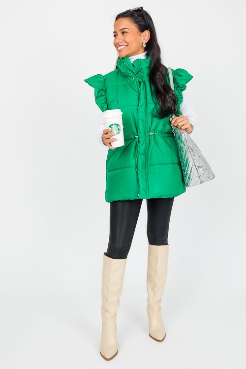 Drawstring Puffer Vest, Green - New Arrivals - The Blue Door Boutique Green Puff Vest Outfit, Sleeveless Puffer Outfit, Trendy Green Vest Outerwear, Trendy Green Winter Vest, Green Vest Outfit, Off Shoulder Jacket, Puffer Outfit, Scarf Cardigan, Herringbone Coat