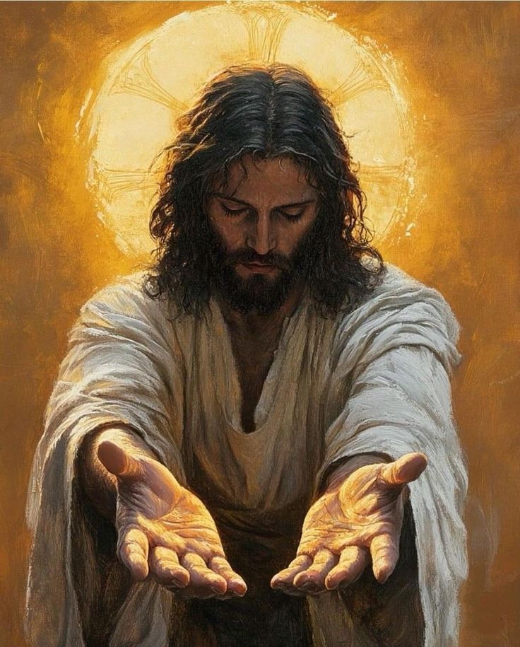 a painting of jesus holding his hands out with the light shining through him in the background