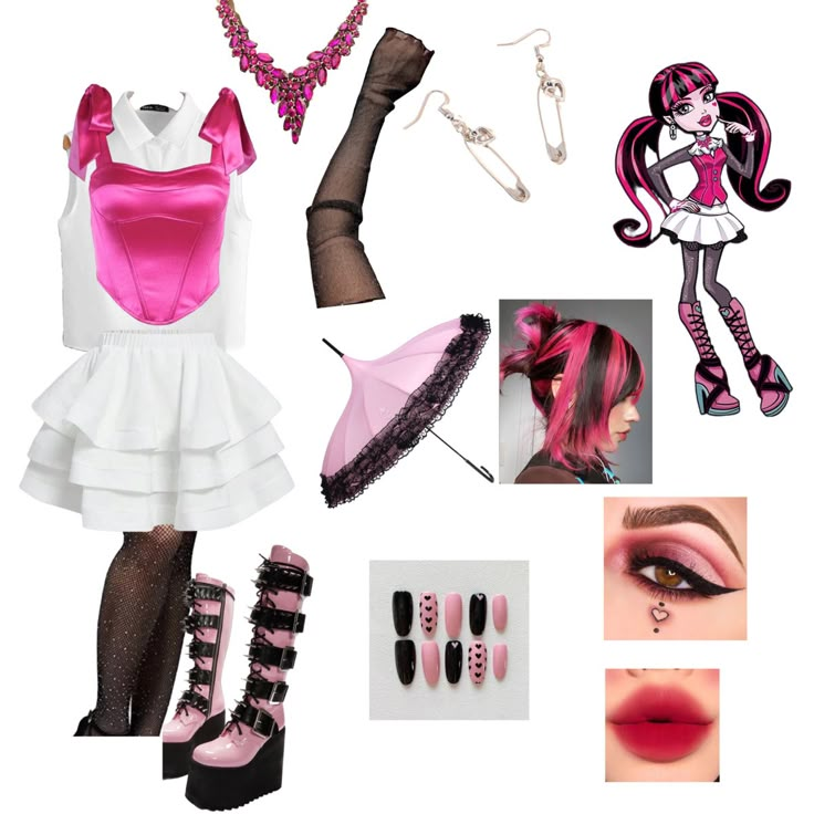 a collage of different outfits and accessories including shoes, necklaces, bracelets, lipstick, earrings