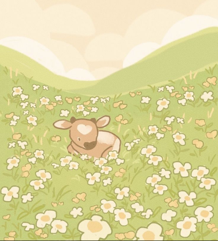 a cartoon cow laying in the middle of a flowery field with hills and clouds behind it