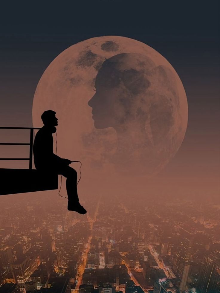 a man sitting on top of a building next to the moon