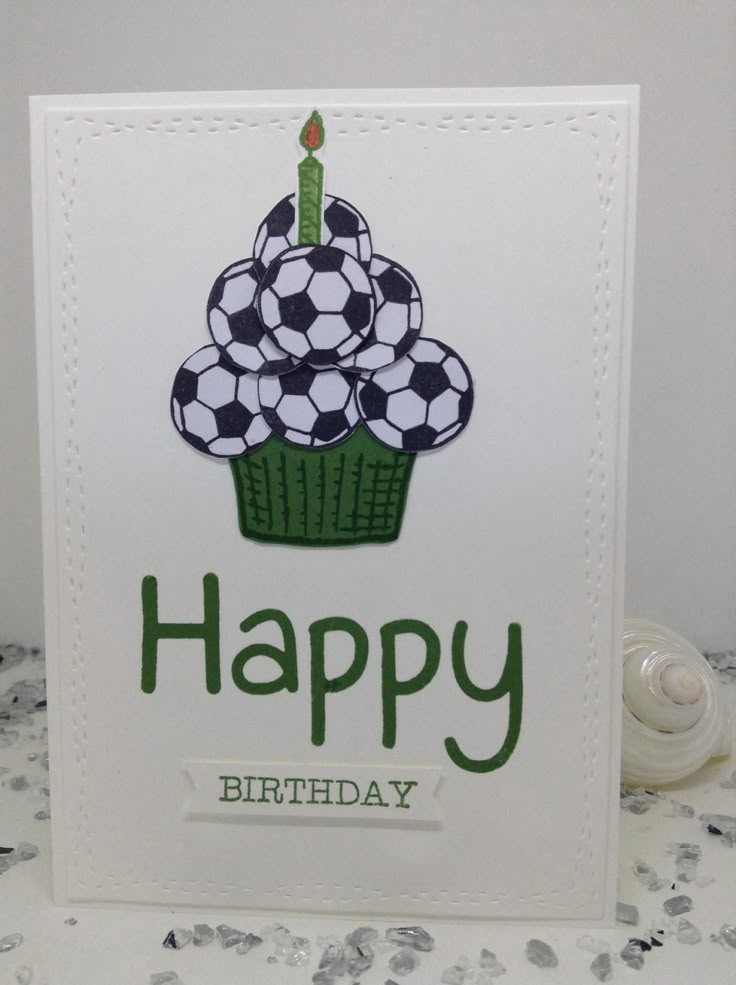 a birthday card with a cupcake and soccer balls on it's top, says happy birthday