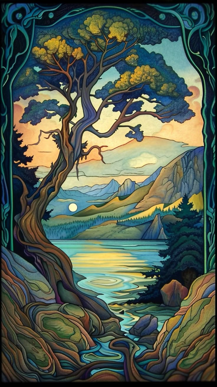 a painting of a tree with mountains in the background and water running through it at night