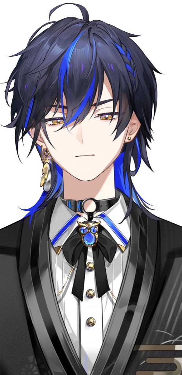 an anime character with blue hair wearing a black suit and bow tie, in front of a white background