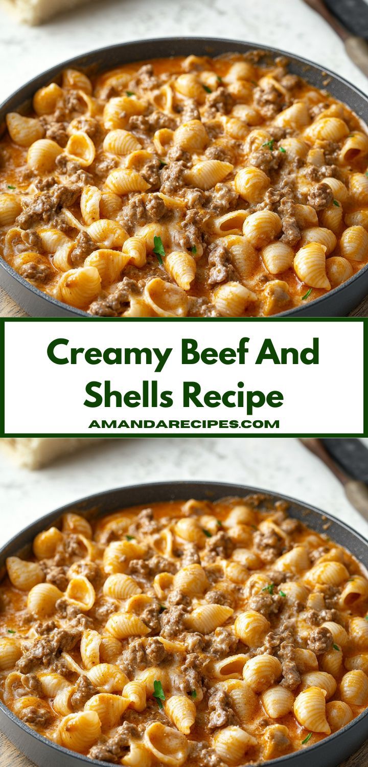 creamy beef and shells recipe in a skillet on a wooden table with text overlay