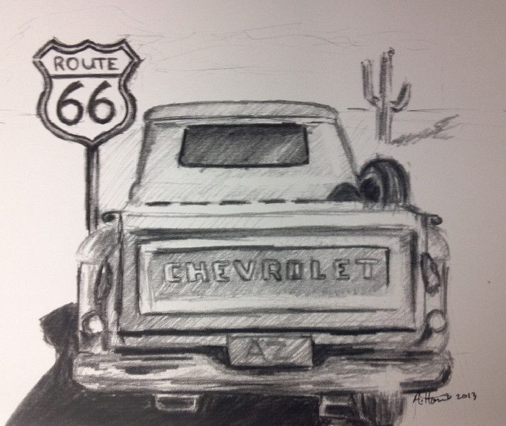 a drawing of a chevrolet truck with route 66 on it's back in front of a highway sign